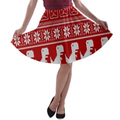 Red Dinosaur Star Wave Chevron Waves Line Fabric Animals A-line Skater Skirt by Mariart