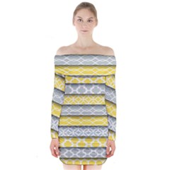 Paper Yellow Grey Digital Long Sleeve Off Shoulder Dress by Mariart