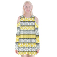 Paper Yellow Grey Digital Velvet Long Sleeve Shoulder Cutout Dress by Mariart