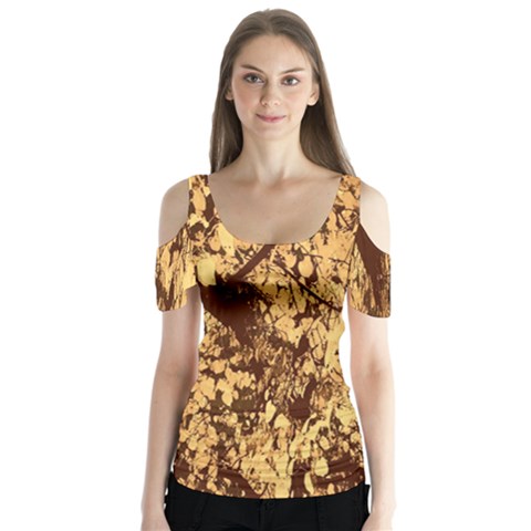 Abstract Brachiate Structure Yellow And Black Dendritic Pattern Butterfly Sleeve Cutout Tee  by Nexatart