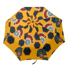 Husbands Cars Autos Pattern On A Yellow Background Folding Umbrellas by Nexatart