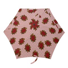 Pink Polka Dot Background With Red Roses Mini Folding Umbrellas by Nexatart