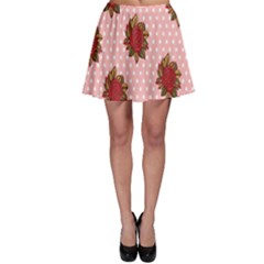 Pink Polka Dot Background With Red Roses Skater Skirt by Nexatart