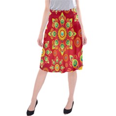 Red And Orange Floral Geometric Pattern Midi Beach Skirt by LovelyDesigns4U