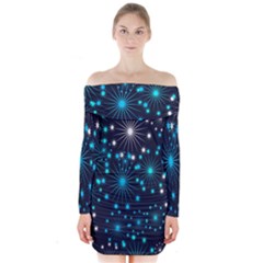 Digitally Created Snowflake Pattern Background Long Sleeve Off Shoulder Dress