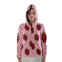 Pink Polka Dot Background With Red Roses Hooded Wind Breaker (women) by Nexatart