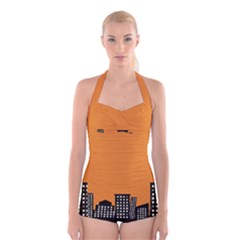 City Building Orange Boyleg Halter Swimsuit  by Mariart