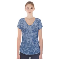 Flower Floral Blue Rose Star Short Sleeve Front Detail Top by Mariart