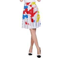 Paint Splatter Digitally Created Blue Red And Yellow Splattering Of Paint On A White Background A-line Skirt by Nexatart