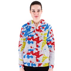 Paint Splatter Digitally Created Blue Red And Yellow Splattering Of Paint On A White Background Women s Zipper Hoodie