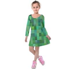 Green Blocks Pattern Backdrop Kids  Long Sleeve Velvet Dress by Nexatart