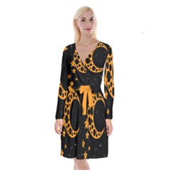 Moon Star Space Orange Black Light Night Circle Polka Long Sleeve Velvet Front Wrap Dress