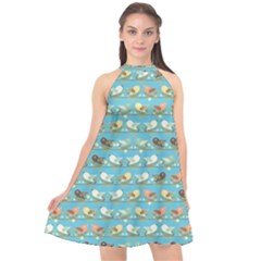 Assorted Birds Pattern Halter Neckline Chiffon Dress 