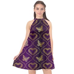 Flower Butterfly Gold Purple Heart Love Halter Neckline Chiffon Dress 