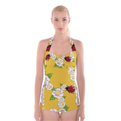 Flower Floral Sunflower Butterfly Red Yellow White Green Leaf Boyleg Halter Swimsuit  by Mariart