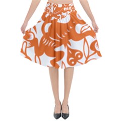 Chinese Zodiac Horoscope Monkey Star Orange Flared Midi Skirt