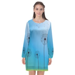 Flower Back Blue Green Sun Fly Long Sleeve Chiffon Shift Dress 