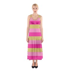 Pink Line Gold Red Horizontal Sleeveless Maxi Dress by Mariart