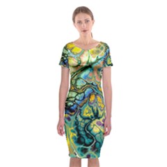 Flower Power Fractal Batik Teal Yellow Blue Salmon Classic Short Sleeve Midi Dress by EDDArt