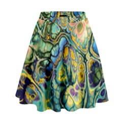 Flower Power Fractal Batik Teal Yellow Blue Salmon High Waist Skirt