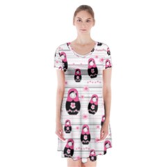 Matryoshka Doll Pattern Short Sleeve V-neck Flare Dress by Valentinaart