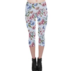 Watercolor Flowers Butterflies Pattern Blue Red Capri Leggings  by EDDArt