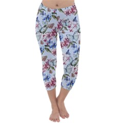 Watercolor Flowers Butterflies Pattern Blue Red Capri Winter Leggings  by EDDArt