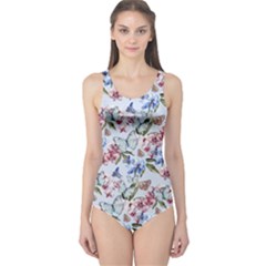 Watercolor Flowers Butterflies Pattern Blue Red One Piece Swimsuit by EDDArt