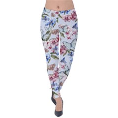 Watercolor Flowers Butterflies Pattern Blue Red Velvet Leggings by EDDArt