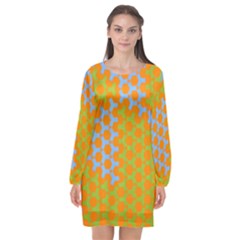 Green Blue Orange Long Sleeve Chiffon Shift Dress 