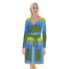 Plaid Green Blue Yellow Long Sleeve Velvet Front Wrap Dress