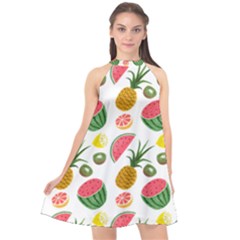 Fruits Pattern Halter Neckline Chiffon Dress 