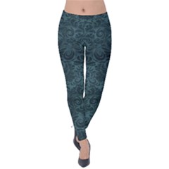 Teal Romantic Flower Pattern Denim Velvet Leggings by Ivana