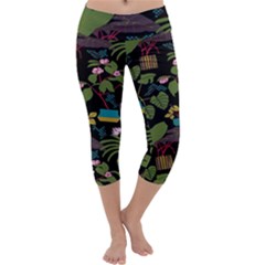 Wreaths Flower Floral Leaf Rose Sunflower Green Yellow Black Capri Yoga Leggings by Mariart