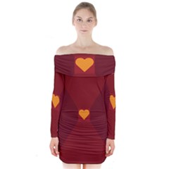 Heart Red Yellow Love Card Design Long Sleeve Off Shoulder Dress by Nexatart