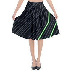 Green Lines Black Anime Arrival Night Light Flared Midi Skirt