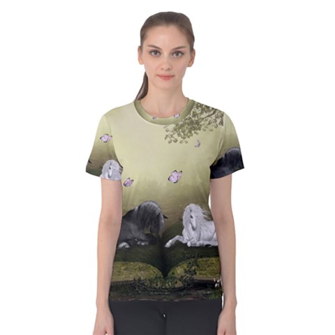 Wonderful Whte Unicorn With Black Horse Women s Cotton Tee by FantasyWorld7