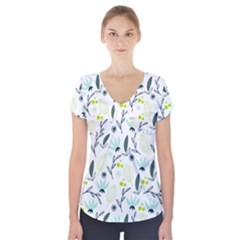 Hand Drawm Seamless Floral Pattern Short Sleeve Front Detail Top by TastefulDesigns