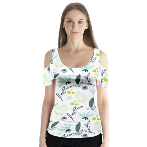 Hand Drawm Seamless Floral Pattern Butterfly Sleeve Cutout Tee  by TastefulDesigns