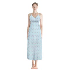 Blue Red Circle Polka Button Up Chiffon Maxi Dress