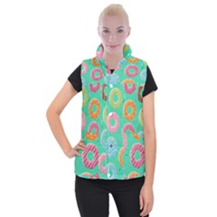 Doughnut Bread Donuts Green Women s Button Up Puffer Vest by Mariart