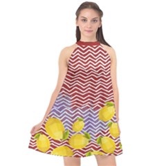 Red Chevron With Lemons Halter Neckline Chiffon Dress 