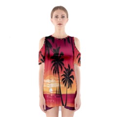 Nature Palm Trees Beach Sea Boat Sun Font Sunset Fabric Shoulder Cutout One Piece