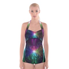 Anodized Rainbow Eyes And Metallic Fractal Flares Boyleg Halter Swimsuit  by jayaprime