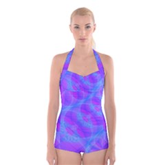 Original Purple Blue Fractal Composed Overlapping Loops Misty Translucent Boyleg Halter Swimsuit  by Mariart