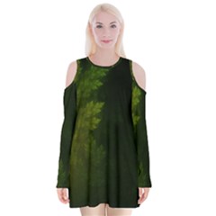 Beautiful Fractal Pines In The Misty Spring Night Velvet Long Sleeve Shoulder Cutout Dress by jayaprime