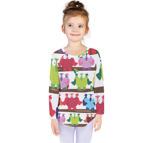 Funny Owls Sitting On A Branch Pattern Postcard Rainbow Kids  Long Sleeve Tee by Mariart