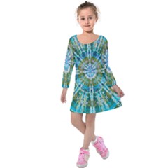 Green Flower Tie Dye Kaleidoscope Opaque Color Kids  Long Sleeve Velvet Dress by Mariart