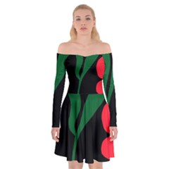 Illustrators Portraits Plants Green Red Polka Dots Off Shoulder Skater Dress