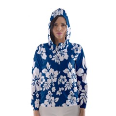 Hibiscus Flowers Seamless Blue White Hawaiian Hooded Wind Breaker (women) by Mariart